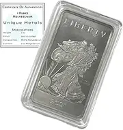 Molybdenum Bar w/COA - 1 oz One Troy Ounce .999 Pure Bullion Bar with Walking Liberty Design and Certificate of Authenticity