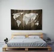World Map Tapestry Sepia Barn Wood on Fabric Art Print Wall Hanging