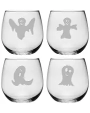 Susquehanna Set of 4 Knock Knock Boos There? Assortment Stemless Wine Glasses