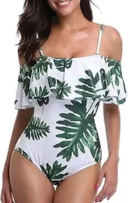 [Tempt Me] Women One Piece Vintage Printed Off Shoulder Flounce Ruffled Printed Monokini Swimsuits