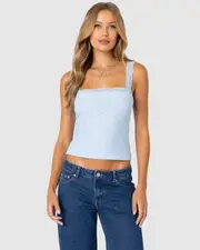 EDIKTED Womens Virginia Lace Trim Eyelet Tank Top LIGHT-BLUE