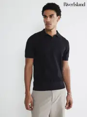 River Island Black Asymmetric Open Collar Polo Shirt (F96329) | $36