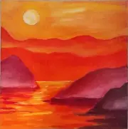 Seaside Sunset Acrylic Painting 8x8” Canvas Panel Mountains Connecticut Artist