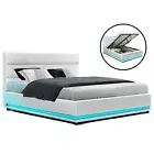 Artiss RGB LED Bed Frame Double Size Gas Lift Base Storage White PU Leather Lumi