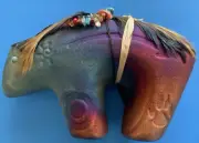 Raku Pottery Spirit Bear Fetish w Feathers & Beads By Jeremy Diller Signed New