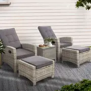 5PC Gardeon Recliner Chairs Table Sun lounge Wicker Outdoor Furniture Adjustable Grey
