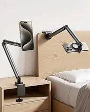 Phone Holder for Desk, with Strong Magnetic Design, Tablet Stand Holder with Long Arm, 360° Freely Adjustable Rotation Base, Upgraded Silicone Clamp, Compatible with iPhone, Android & IPad Series