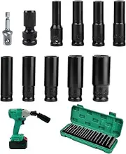 11 Pcs Deep Impact Socket Set with Driver Socket Extension and Plastic Storage Box, 10-24mm Metric Long Socket Set, Multifunction Hex Socket Set 1/2 Inch for Home Car Repair