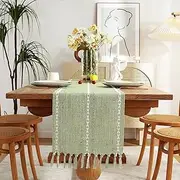 Chassic Rustic Farmhouse Style Linen Table Runner, Boho Handmade Tassel Embroidered Table Runners 72 Inches Long for Holiday Party, Christmas and Dining Decorations, 13 x 72 inch - Sage Green