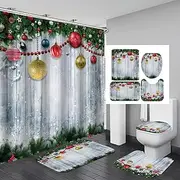Christmas Shower Curtain Set with Rugs,Merry Christmas Fabric Waterproof Holiday Shower Curtains for Bathroom Set with Shower Curtain Bathroom Curtains Shower Sets Red Xmas Tree Bells Fireplace,E1