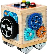 Wooden Busy Cube | Bus Sensory Board with LED Light | Preschool Early Learning Educational Toys, Fine Motor Skill Game