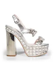 Silver Leather Crystal Platform Sandals