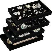 Tasybox Velvet Jewelry Trays Organizer for Drawers, Small Stackable Jewelry Display Tray for Ring Earring Bangle Bracelet Necklace, Set of 4, Black