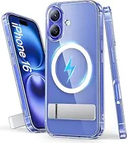 [SIXBOX] for iPhone 16 Case, Built-in Kickstand [Non-Yellowing] [Compatible with MagSafe] Shockproof Full Body Protective Cover Transparent Phone Case for iPhone 16 6.1" 2024, Clear