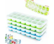 Silicone Ice Cube Trays With Lid, Space Saving And Stackable, Lfgb And Bpa Free, Easy To Remove Square Ice Cube Trays, Blue/Green, 4 Pack