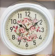 Kitchen Plastic Decorative Wall Clock, 12", COLORFUL FLOWERS, white frame, E&B