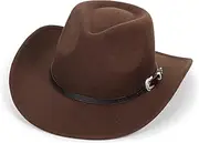 [Vikodah] Kids Western Cowboy Hat Wide Brim with Band Wool Felt Vintage Jazz Fedora Cowgirl Hats for 3-7 Years Boys Girls