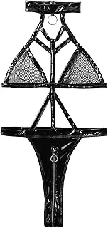 [Zylphorix] Women Bodysuit Leather Lingerie Backless Bodysuit Metal Strappy Sleepwear Hollow One-Piece Set Babydoll Set