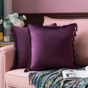Pack of 2 Velvet Soft Solid Decorative Throw Pillows with Tassels Fringe Boho Accent Cushion for Couch Sofa Bed, Purple