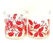 Libbey Christmas Red Holly 4" Round Candle Vase Votive Jar- Set of 2