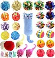 OundarM 31 PCS Cat Toys Assortments, Variety Interactive Cat Chew Catnip Toys for Indoor, Include Furry Mouse Rainbow Foam Crinkle Furry Sisal Sparkle Ball
