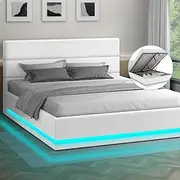 ALFORDSON Gas Lift Storage Bed Frame Base with Headboard & LED Light Bertold Series, Mattress Topper Platform Foundation with Boucle Fabric Upholstery, 320kg Capacity, Queen, White Colour