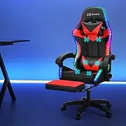 Artiss Massage Gaming Chair, PU Leather 6 Point 7 LED Ergonomic Office Computer Desk Recliner Chairs Armchair for Room Executive Home, with Retracted Footrest 360° Rotatable Height Adjustment Red