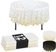 NORZEE 12-Pack White Disposable Plastic Tablecloths, 84" Plastic Table Cloth, Round Table Cover Gold CONFETY (12, White Gold)