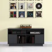 EDISON Media Stand 1400mm, Vinyl Record & Component Storage with Cupboards, Black Oak Finish by Tauris