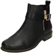 Rieker Black Leather Chelsea Ankle Boots Z4959-00 Flat Warm Buckle Zip Womens