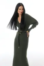 Alpaca Wool Blend Full Sleeve All Over Ribbed V Neck Knit Dress