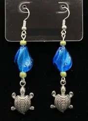 Silver Tone Turtle & Blue Glass Bead Earrings by Neanie-Bot