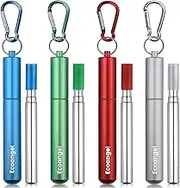 4-Pack Collapsible Stainless Steel Drinking Straws with Aluminum Case, Cleaning Brush, and Keychains - Silver, Blue, Red, Green