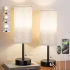 Grey Bedside Lamp for Bedroom Set of 2 - Nightstand Table Lamp with USB A + C Ch