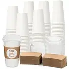 16oz Disposable Coffee Cups with Lids & Sleeves-100 Pack, To Go Coffee Cups, ...