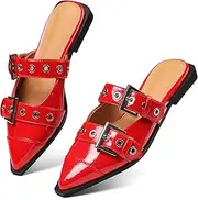 [Grakihily] Buckle Flats for Women Pointy Toe Wide Welt Buckled Mules Low Block Heel Slippers Mary Jane Shoes Comfortable Ballerina Flats