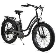 VALK Electric Fat Tyre Cruiser Bike, with Throttle, Step-Through eBike, Matte Black