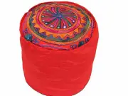 Red Round Pouf Seating Footstool Cover Floral Embroidery Ottoman Slipcover 16"