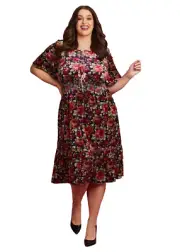 TAKING SHAPE Floral Bloom Velvet Dress Black w Pink Roses Size 20. New with tags