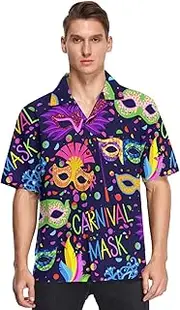 [GuoChe] Hawaiian Mens Shirts Button Down Short Sleeve Fleur De Lis Purple Mardi Gras Fat Tuesday Printed Camisas para Hombres, Mardi Gras Carnival Purple Holiday Colorful Mask, Medium