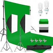MSKIRA Studio Softbox Continuous Lighting Kit 2x135W 5500K Soft Box Lights 2x2M Adjustable Backdrop Stand with 1.6x3M Green Black Gray White Photography Screen Backdrop, Clamps Carry Bag