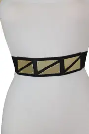 Women Black Stretch Waistband Special Look Belt Gold Metal Triangle Buckle S M