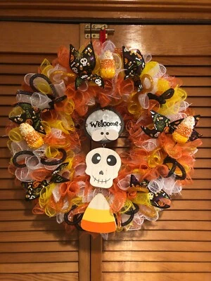 Candy Corn Halloween/Fall Wreath, Deco Mesh,Orange-Yellow-White, "WELCOME"
