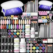 Acrylic Nail Kit with Nail Lamp White Pink Clear Acrylic Powder 6PCs Gel Nail Polish 18PCs Glitter Powder Rhinestones Top Base Coat Nail Tips Nail Kit for Beginners Gifts for Women