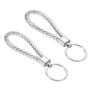 Braided Leather Keychain, 2 Pack PU Key Ring Lanyard Strap, Silver