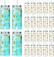 Baderke 12 Set Bee Plastic Juice Bottles with Lid and Straws 13.5 oz Clear Drinking Jars Bee Theme Plastic Water Bottle for Smoothies Juices Shakes Beverage Birthday Baby Shower Party Supplies
