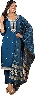 [Janasya] Indian Women's Teal Blue Kurta Kurti Top Tunic Embroidered Straight Festive wear Kurta Set for Women
