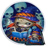 Cute Little Halloween Witch Skeleton Magic Round Beach Towel
