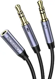 MOSWAG Headphone Mic Cable Splitter, 3.5mm Female to 2 Dual 3.5 Male Audio Splitter for PC/Gaming, 3.5mm Jack Audio Adapter 24K Gold-Plated with Noise Cancellation for Laptop/Speakers/Mic