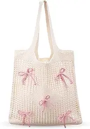 Clysee Bow Crochet Beach Tote Bag Mesh Knitted Beach Bag Cute Coquette Aesthetic Shoulder Handbag for Women Summer